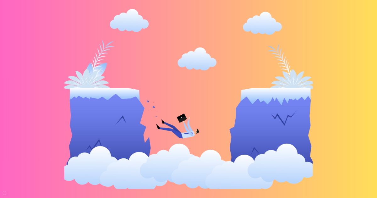 Customer journey illustration – person attempting a wide jump over a gap, symbolizing the risk in asking customers to commit without proper guidance.